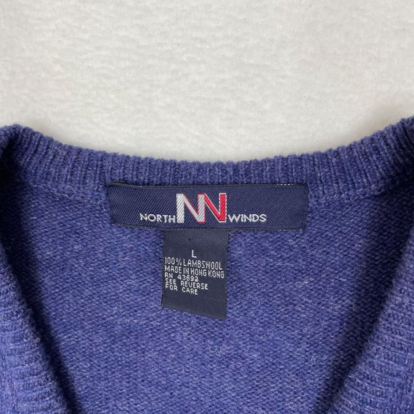 North Winds Mens Vintage 100% Lambs Wool V Neck Sweater Size L Blue Jumper - Picture 7 of 9